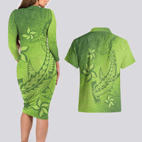 Green Gradient Polynesia Couples Matching Long Sleeve Bodycon Dress and Hawaiian Shirt Hawaiian Tribal Hammerhead Shark Tattoo LT14 - Polynesian Pride