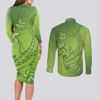 Green Gradient Polynesia Couples Matching Long Sleeve Bodycon Dress and Long Sleeve Button Shirt Hawaiian Tribal Hammerhead Shark Tattoo LT14 - Polynesian Pride