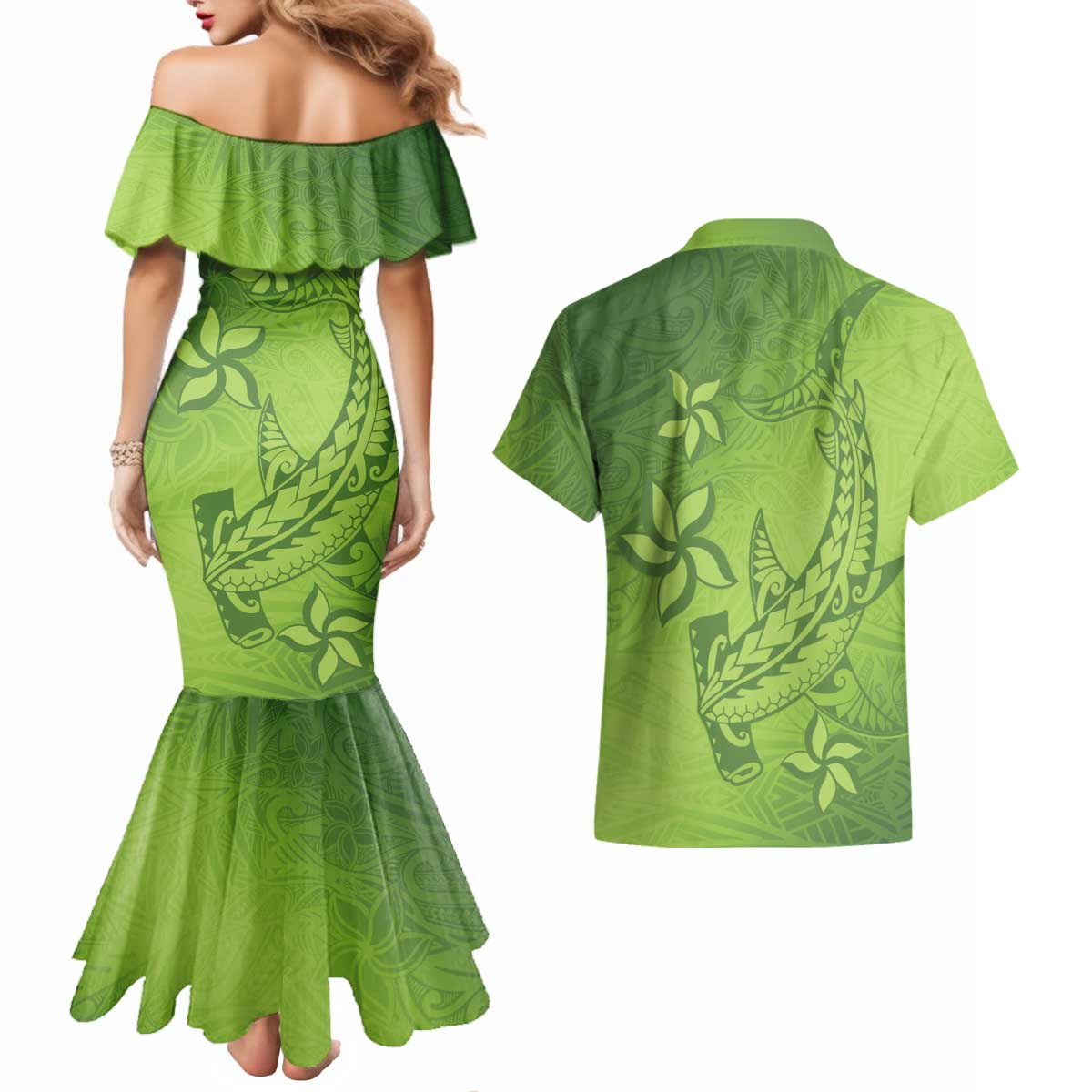Green Gradient Polynesia Couples Matching Mermaid Dress and Hawaiian Shirt Hawaiian Tribal Hammerhead Shark Tattoo LT14 - Polynesian Pride