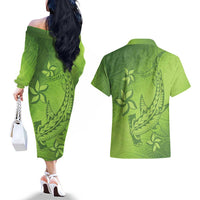Green Gradient Polynesia Couples Matching Off The Shoulder Long Sleeve Dress and Hawaiian Shirt Hawaiian Tribal Hammerhead Shark Tattoo LT14 - Polynesian Pride