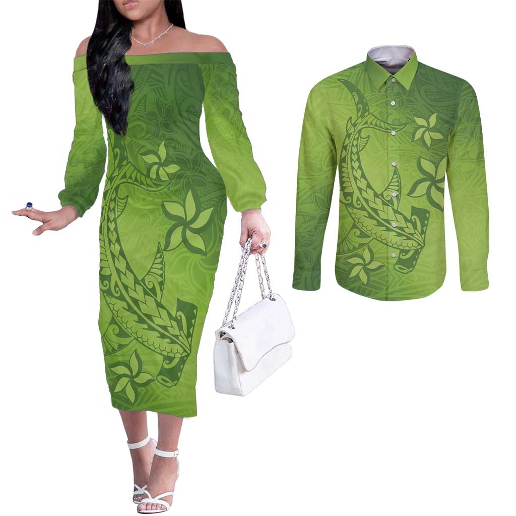 Green Gradient Polynesia Couples Matching Off The Shoulder Long Sleeve Dress and Long Sleeve Button Shirt Hawaiian Tribal Hammerhead Shark Tattoo LT14 Green - Polynesian Pride