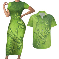 Green Gradient Polynesia Couples Matching Short Sleeve Bodycon Dress and Hawaiian Shirt Hawaiian Tribal Hammerhead Shark Tattoo LT14 Green - Polynesian Pride