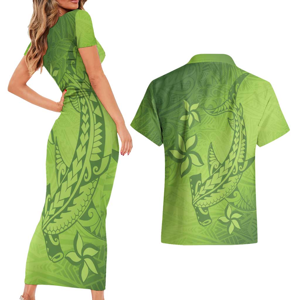 Green Gradient Polynesia Couples Matching Short Sleeve Bodycon Dress and Hawaiian Shirt Hawaiian Tribal Hammerhead Shark Tattoo LT14 - Polynesian Pride