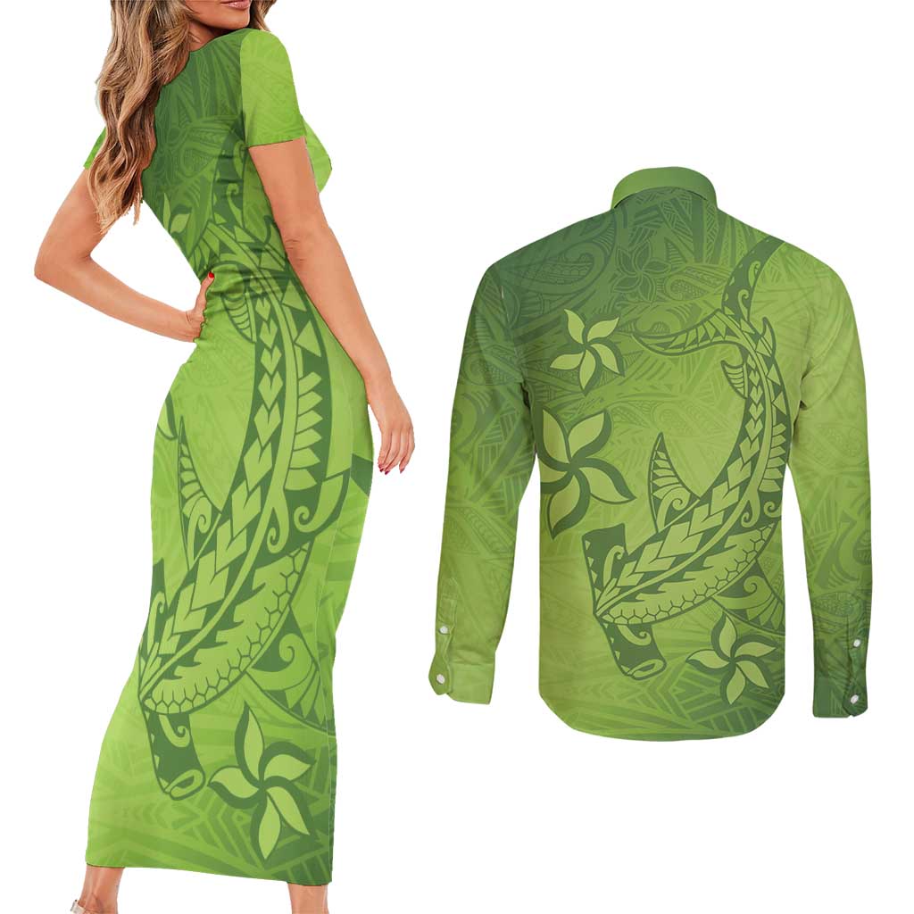 Green Gradient Polynesia Couples Matching Short Sleeve Bodycon Dress and Long Sleeve Button Shirt Hawaiian Tribal Hammerhead Shark Tattoo LT14 - Polynesian Pride