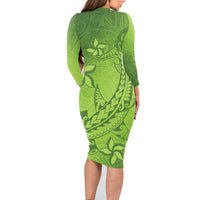 Green Gradient Polynesia Family Matching Long Sleeve Bodycon Dress and Hawaiian Shirt Hawaiian Tribal Hammerhead Shark Tattoo LT14 - Polynesian Pride