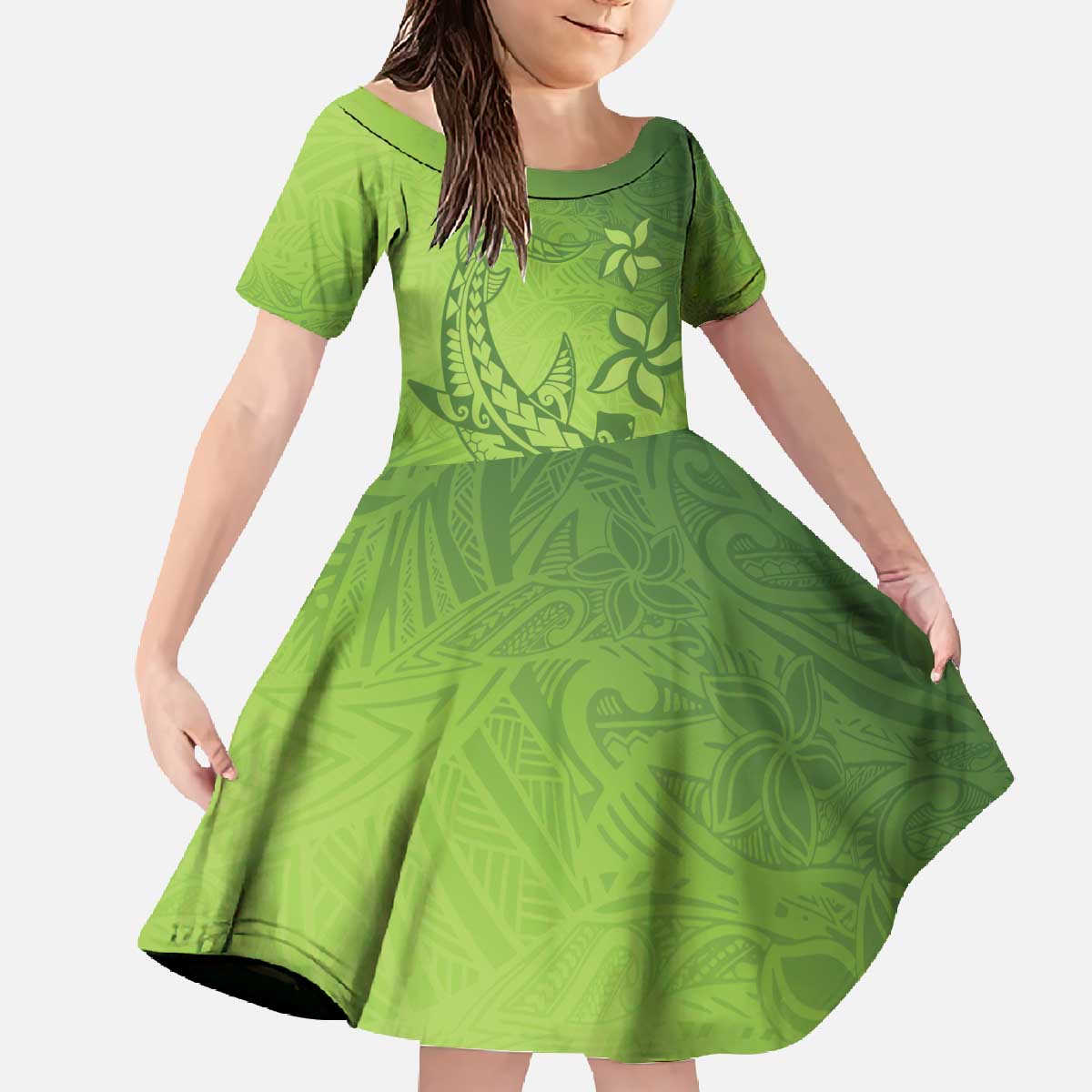 Green Gradient Polynesia Family Matching Off The Shoulder Long Sleeve Dress and Hawaiian Shirt Hawaiian Tribal Hammerhead Shark Tattoo LT14 Daughter's Dress Green - Polynesian Pride