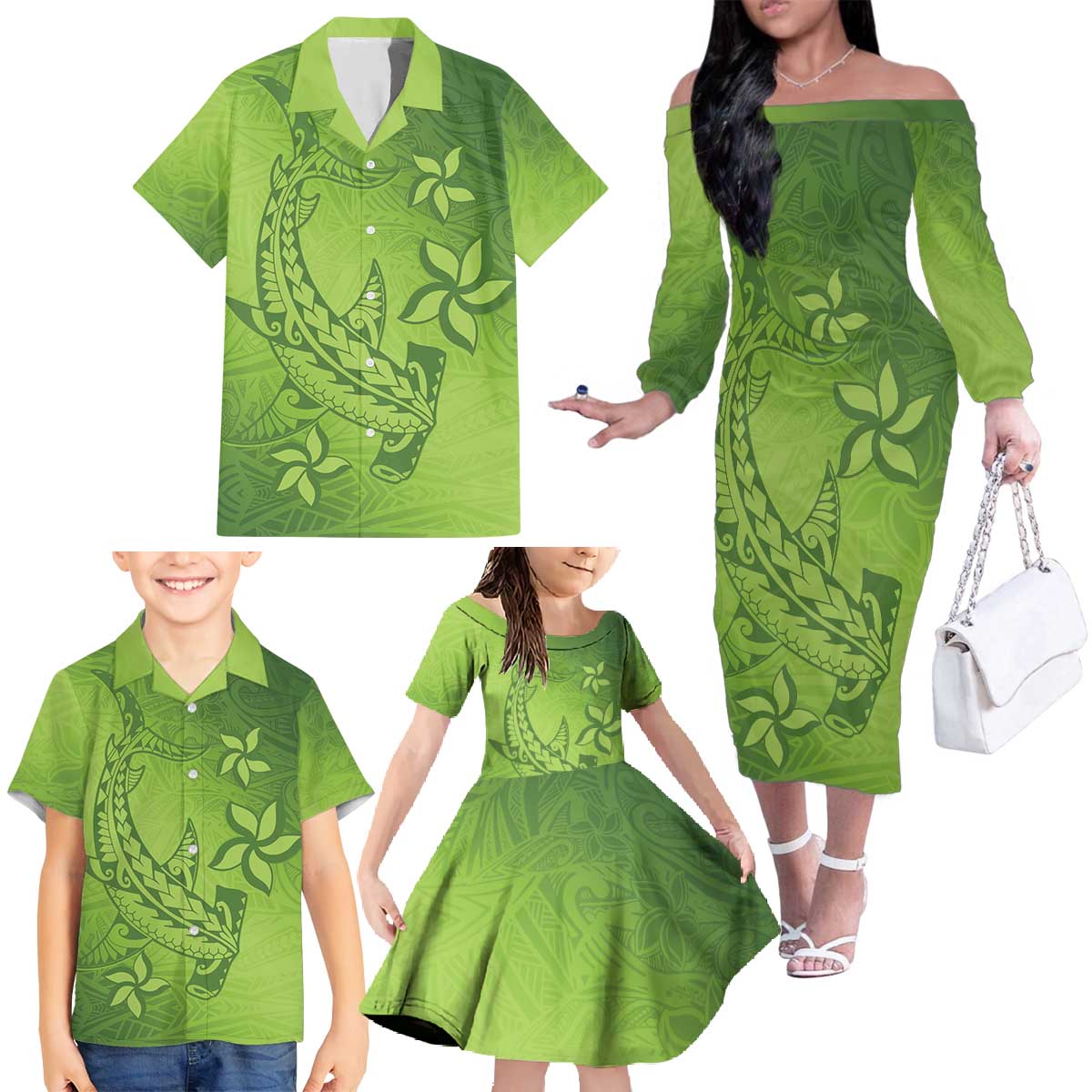 Green Gradient Polynesia Family Matching Off The Shoulder Long Sleeve Dress and Hawaiian Shirt Hawaiian Tribal Hammerhead Shark Tattoo LT14 - Polynesian Pride