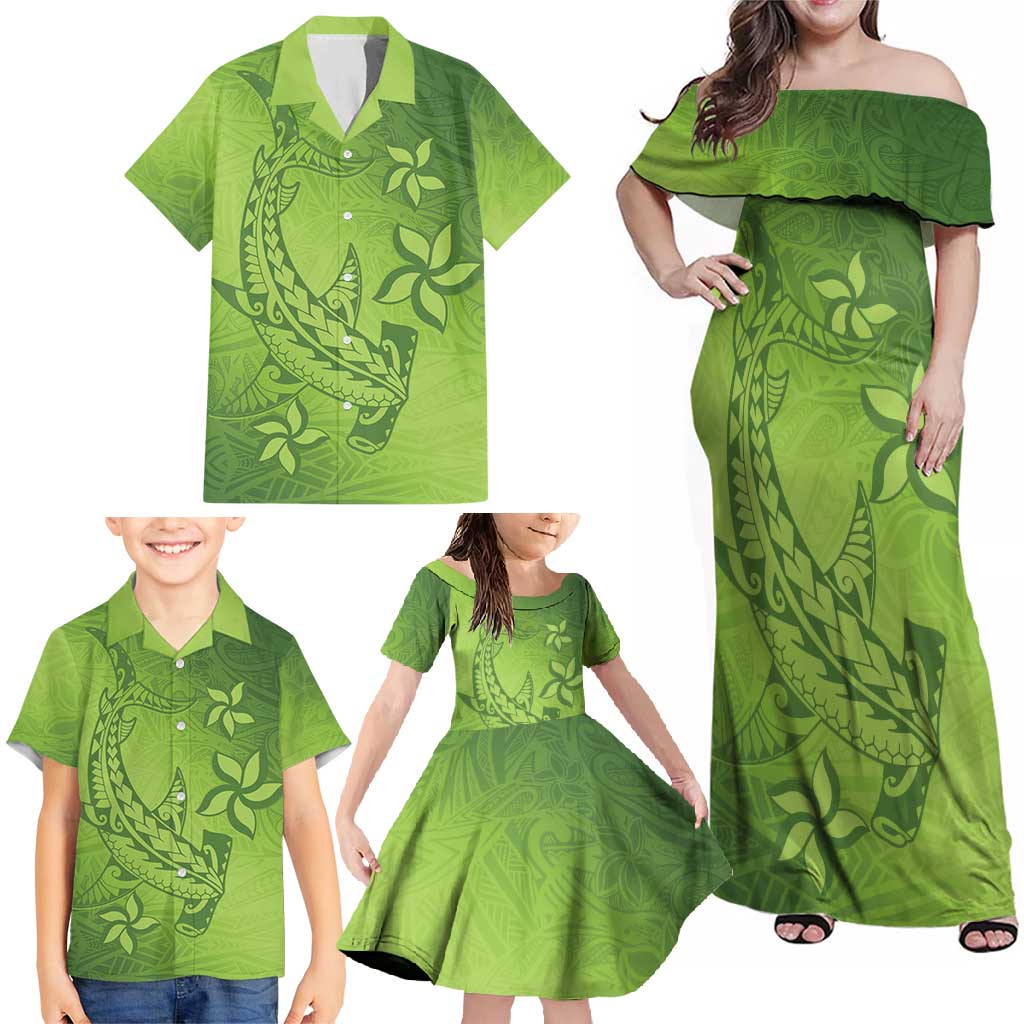 Green Gradient Polynesia Family Matching Off Shoulder Maxi Dress and Hawaiian Shirt Hawaiian Tribal Hammerhead Shark Tattoo LT14 - Polynesian Pride