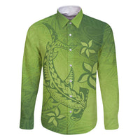 Green Gradient Polynesia Family Matching Off Shoulder Maxi Dress and Hawaiian Shirt Hawaiian Tribal Hammerhead Shark Tattoo LT14 Dad's Shirt - Long Sleeve Green - Polynesian Pride