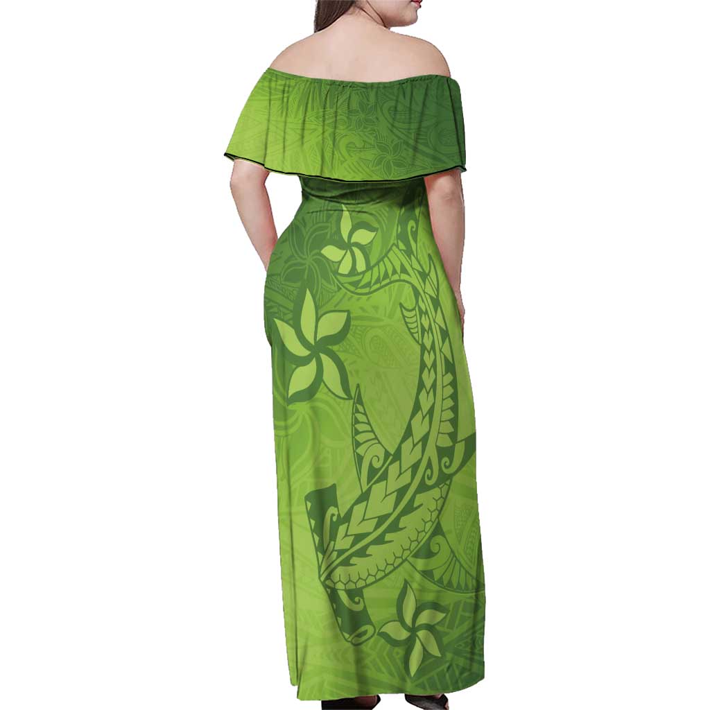 Green Gradient Polynesia Family Matching Off Shoulder Maxi Dress and Hawaiian Shirt Hawaiian Tribal Hammerhead Shark Tattoo LT14 - Polynesian Pride