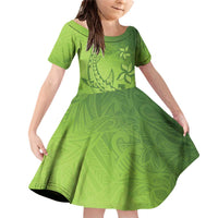 Green Gradient Polynesia Family Matching Off Shoulder Short Dress and Hawaiian Shirt Hawaiian Tribal Hammerhead Shark Tattoo LT14 Daughter's Dress Green - Polynesian Pride