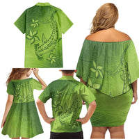 Green Gradient Polynesia Family Matching Off Shoulder Short Dress and Hawaiian Shirt Hawaiian Tribal Hammerhead Shark Tattoo LT14 - Polynesian Pride