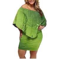Green Gradient Polynesia Family Matching Off Shoulder Short Dress and Hawaiian Shirt Hawaiian Tribal Hammerhead Shark Tattoo LT14 Mom's Dress Green - Polynesian Pride