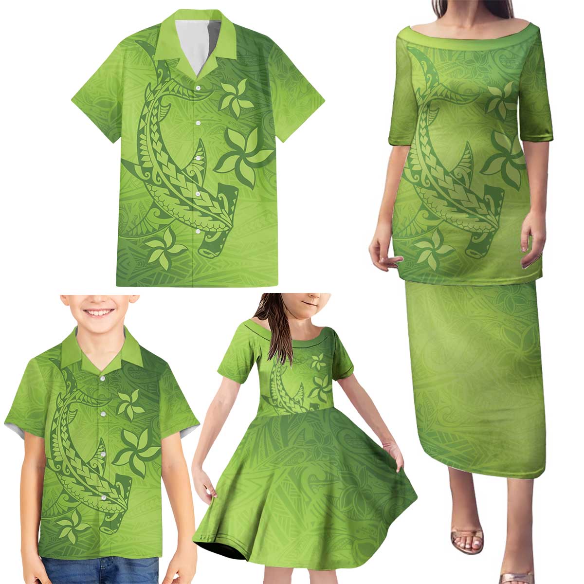 Green Gradient Polynesia Family Matching Puletasi and Hawaiian Shirt Hawaiian Tribal Hammerhead Shark Tattoo LT14 - Polynesian Pride
