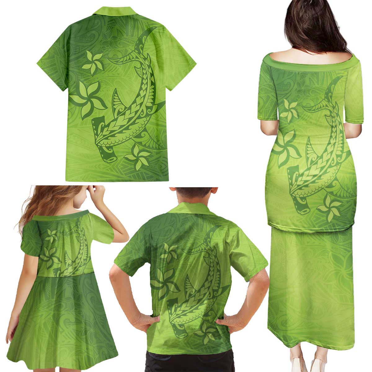 Green Gradient Polynesia Family Matching Puletasi and Hawaiian Shirt Hawaiian Tribal Hammerhead Shark Tattoo LT14 - Polynesian Pride
