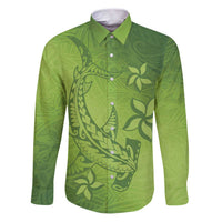 Green Gradient Polynesia Family Matching Puletasi and Hawaiian Shirt Hawaiian Tribal Hammerhead Shark Tattoo LT14 Dad's Shirt - Long Sleeve Green - Polynesian Pride