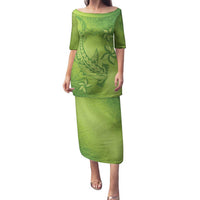 Green Gradient Polynesia Family Matching Puletasi and Hawaiian Shirt Hawaiian Tribal Hammerhead Shark Tattoo LT14 Mom's Dress Green - Polynesian Pride