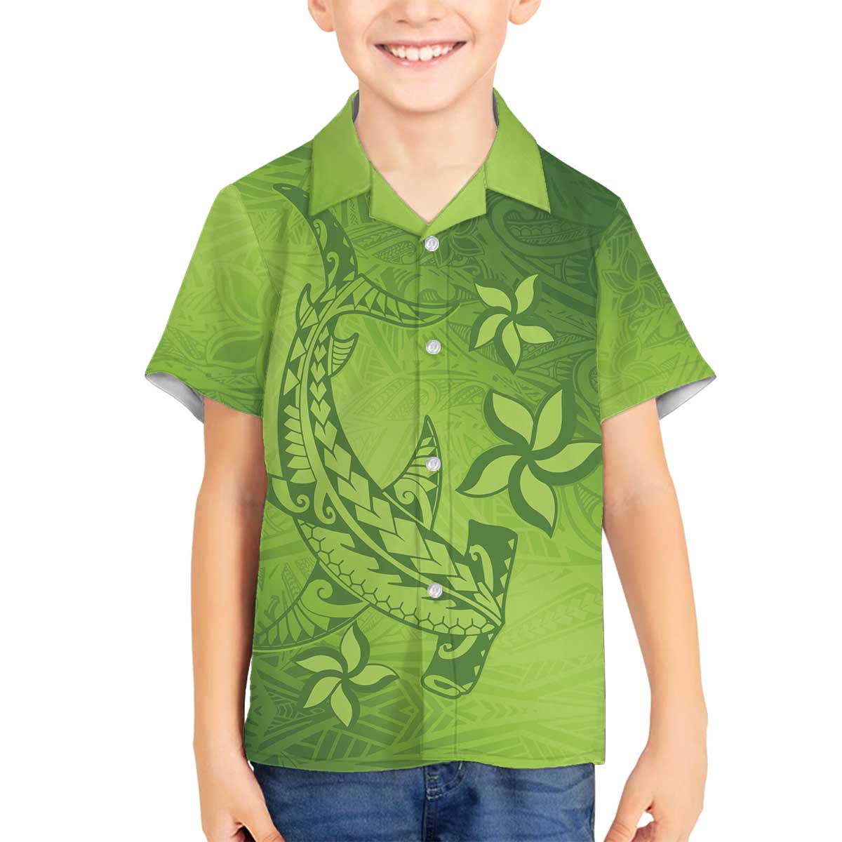Green Gradient Polynesia Family Matching Puletasi and Hawaiian Shirt Hawaiian Tribal Hammerhead Shark Tattoo LT14 Son's Shirt Green - Polynesian Pride