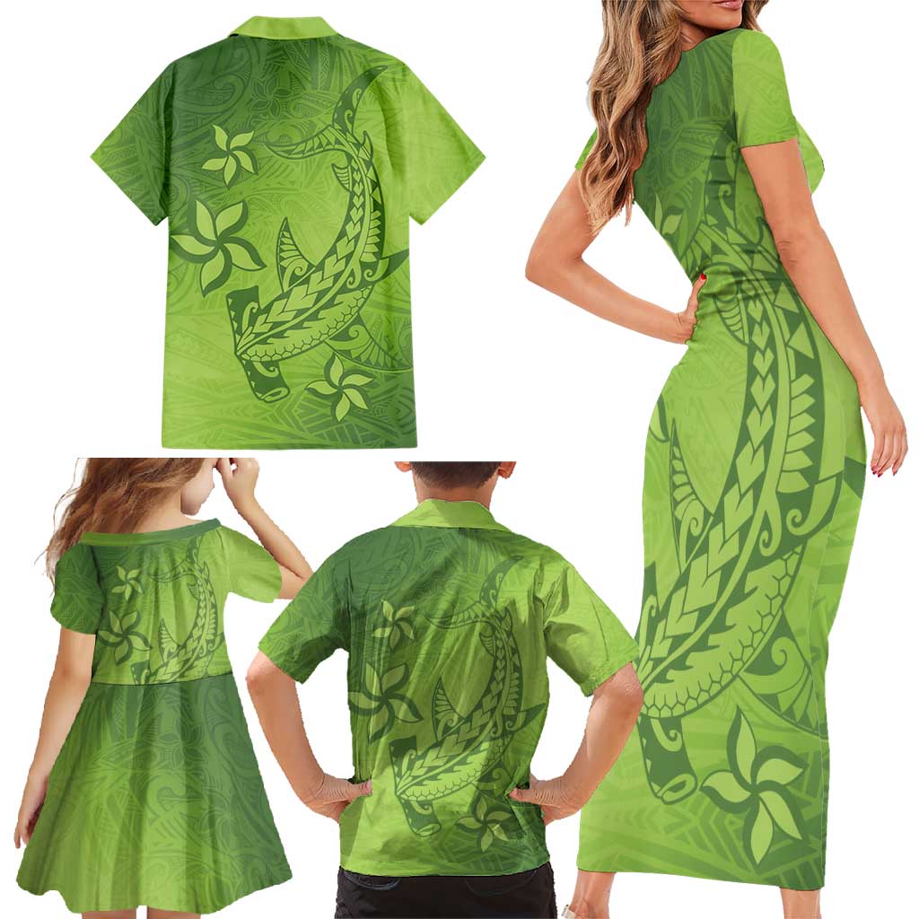 Green Gradient Polynesia Family Matching Short Sleeve Bodycon Dress and Hawaiian Shirt Hawaiian Tribal Hammerhead Shark Tattoo LT14 - Polynesian Pride