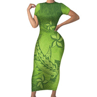 Green Gradient Polynesia Family Matching Short Sleeve Bodycon Dress and Hawaiian Shirt Hawaiian Tribal Hammerhead Shark Tattoo LT14 Mom's Dress Green - Polynesian Pride