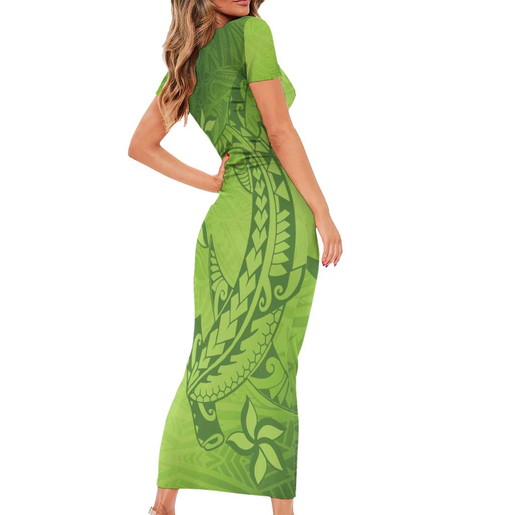 Green Gradient Polynesia Family Matching Short Sleeve Bodycon Dress and Hawaiian Shirt Hawaiian Tribal Hammerhead Shark Tattoo LT14 - Polynesian Pride