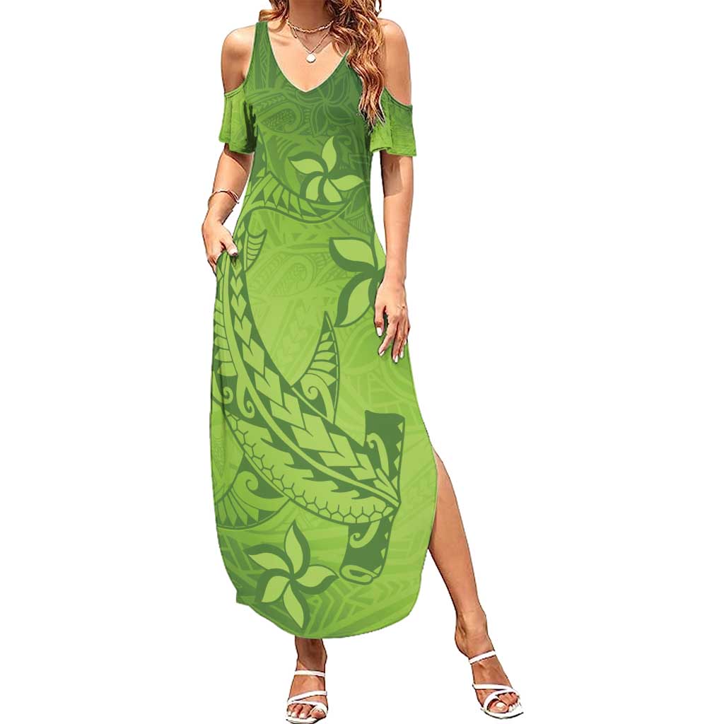 Green Gradient Polynesia Family Matching Summer Maxi Dress and Hawaiian Shirt Hawaiian Tribal Hammerhead Shark Tattoo LT14 Mom's Dress Green - Polynesian Pride