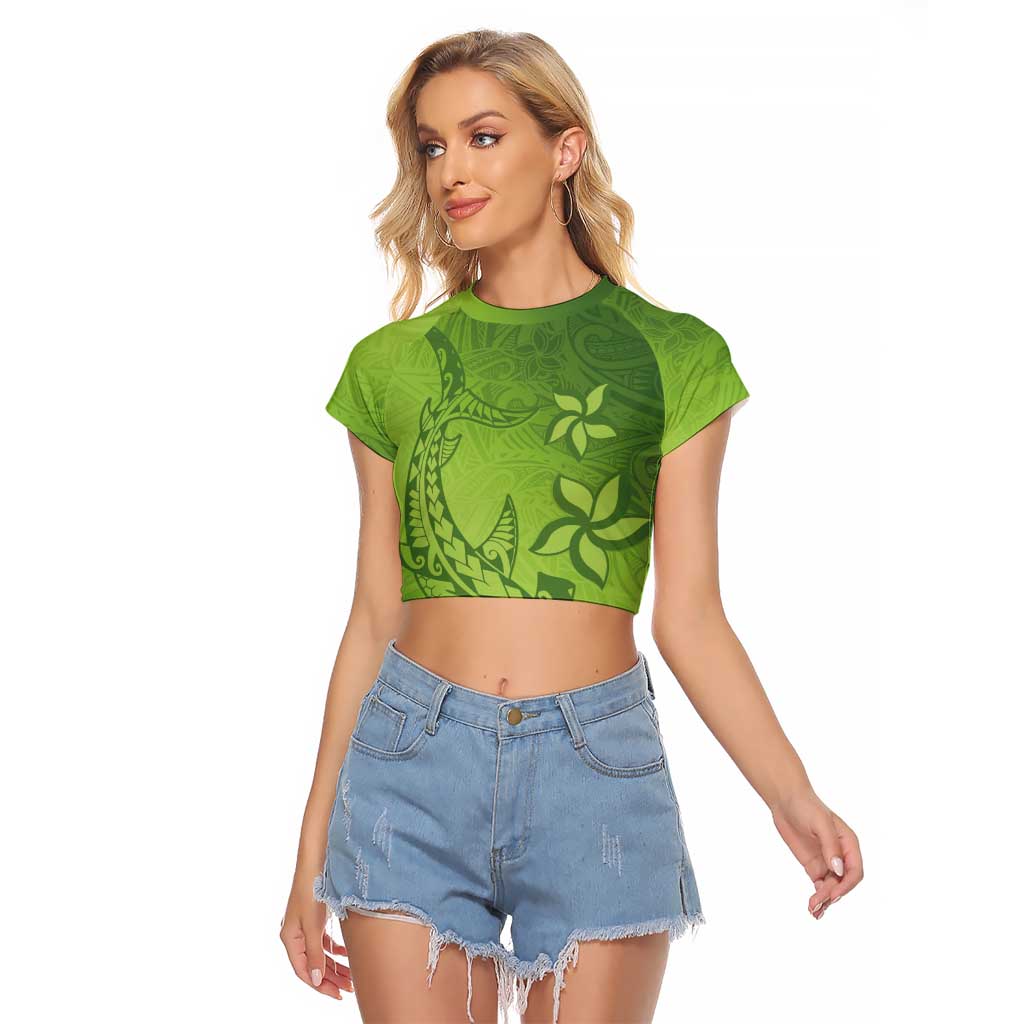 Green Gradient Polynesia Raglan Cropped T Shirt Hawaiian Tribal Hammerhead Shark Tattoo LT14 Female Green - Polynesian Pride