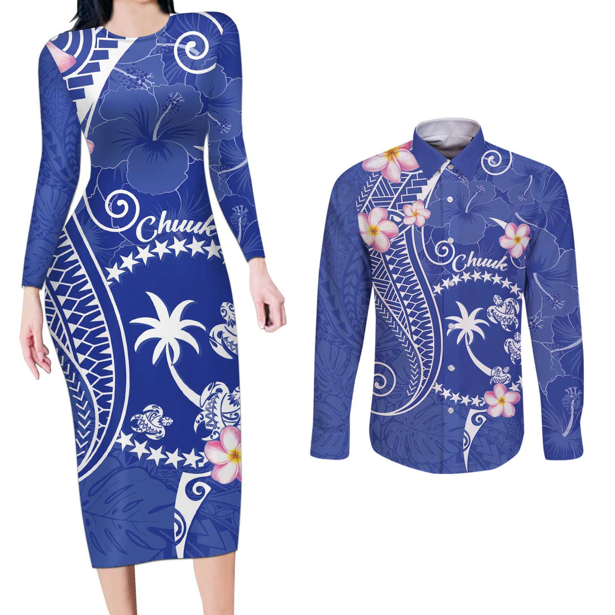 FSM Chuuk Constitution Day Couples Matching Long Sleeve Bodycon Dress and Long Sleeve Button Shirt Frangipani Flowers Polynesian Curves Style LT14 Blue - Polynesian Pride