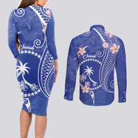 FSM Chuuk Constitution Day Couples Matching Long Sleeve Bodycon Dress and Long Sleeve Button Shirt Frangipani Flowers Polynesian Curves Style LT14 - Polynesian Pride