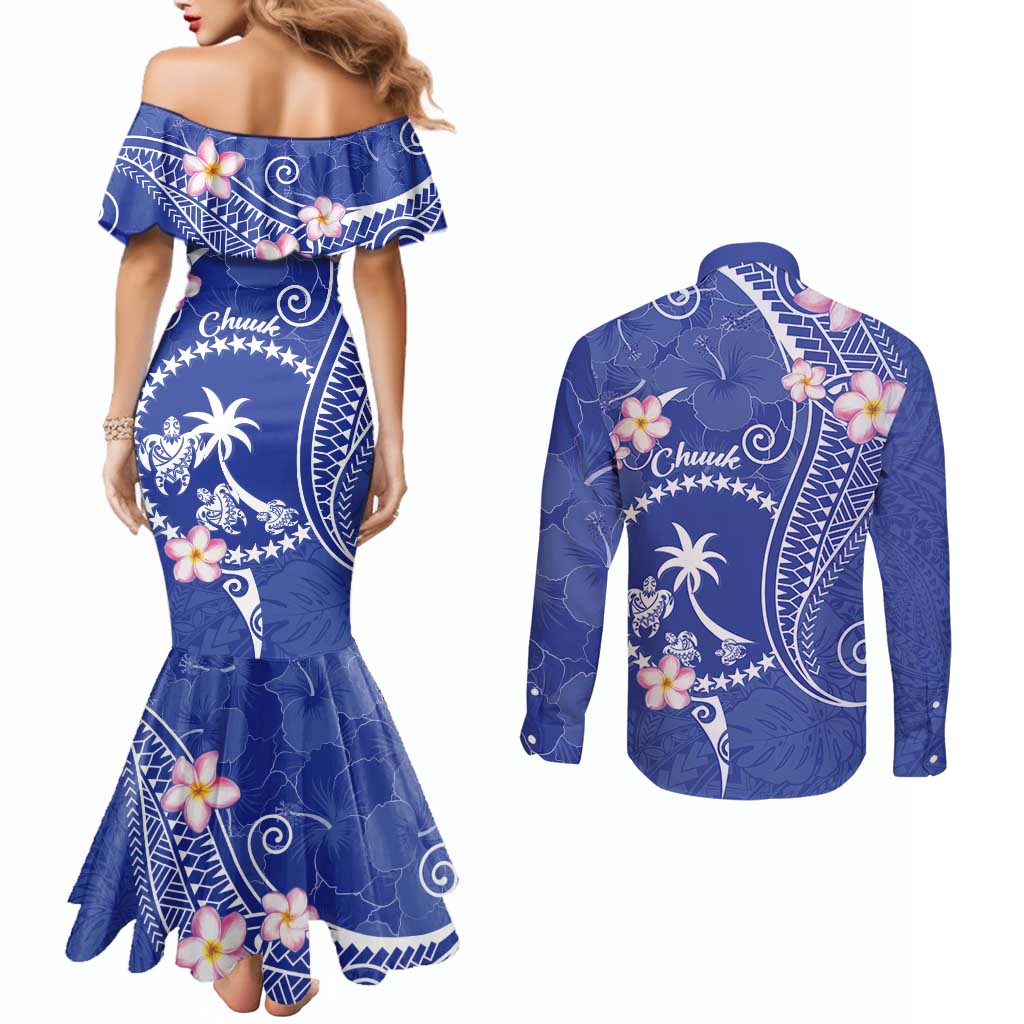 FSM Chuuk Constitution Day Couples Matching Mermaid Dress and Long Sleeve Button Shirt Frangipani Flowers Polynesian Curves Style LT14 - Polynesian Pride