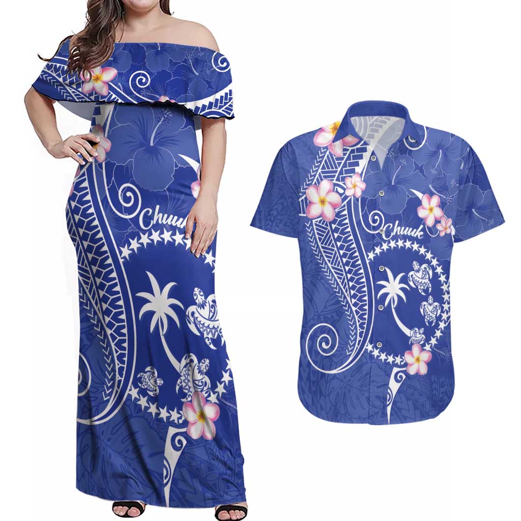 FSM Chuuk Constitution Day Couples Matching Off Shoulder Maxi Dress and Hawaiian Shirt Frangipani Flowers Polynesian Curves Style LT14 Blue - Polynesian Pride