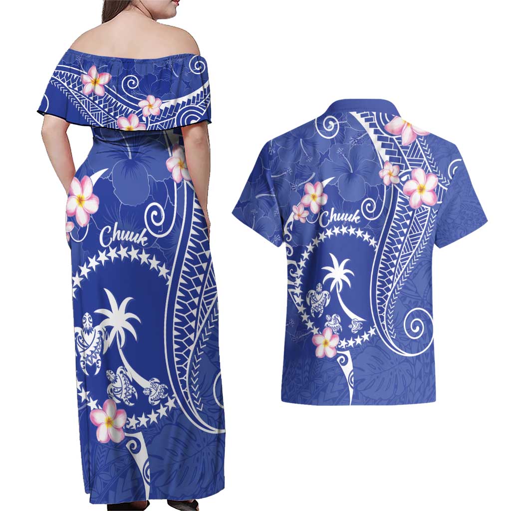 FSM Chuuk Constitution Day Couples Matching Off Shoulder Maxi Dress and Hawaiian Shirt Frangipani Flowers Polynesian Curves Style LT14 - Polynesian Pride