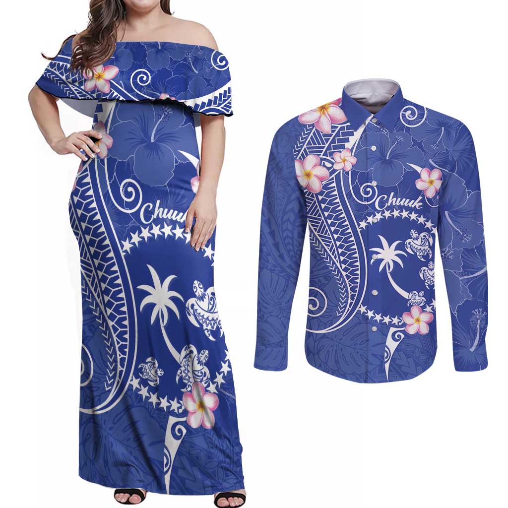 FSM Chuuk Constitution Day Couples Matching Off Shoulder Maxi Dress and Long Sleeve Button Shirt Frangipani Flowers Polynesian Curves Style LT14 Blue - Polynesian Pride