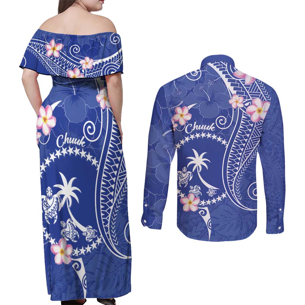 FSM Chuuk Constitution Day Couples Matching Off Shoulder Maxi Dress and Long Sleeve Button Shirt Frangipani Flowers Polynesian Curves Style LT14 - Polynesian Pride