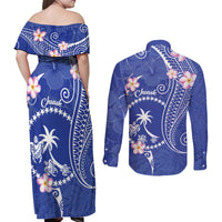 FSM Chuuk Constitution Day Couples Matching Off Shoulder Maxi Dress and Long Sleeve Button Shirt Frangipani Flowers Polynesian Curves Style LT14 - Polynesian Pride