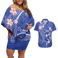 FSM Chuuk Constitution Day Couples Matching Off Shoulder Short Dress and Hawaiian Shirt Frangipani Flowers Polynesian Curves Style LT14 Blue - Polynesian Pride