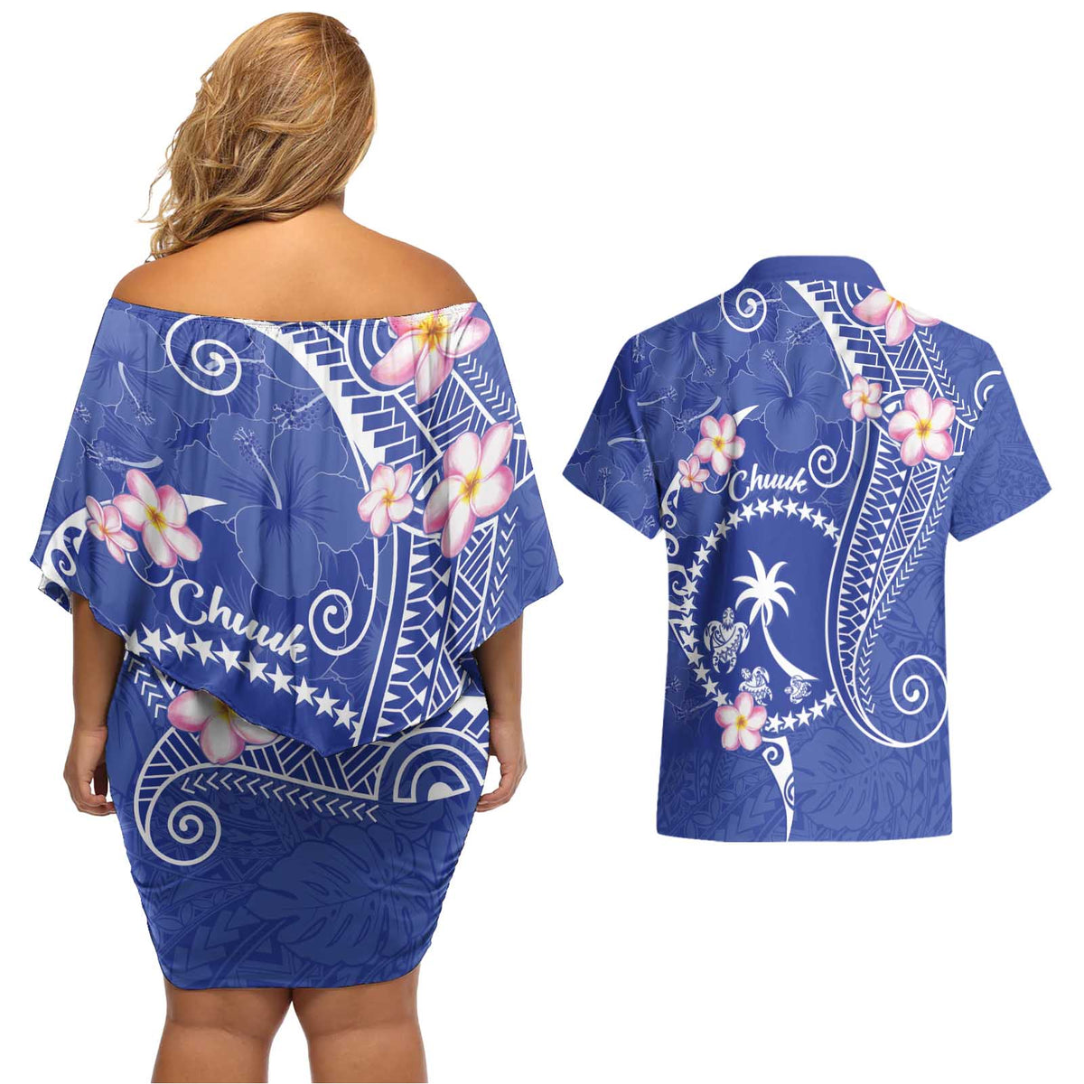 FSM Chuuk Constitution Day Couples Matching Off Shoulder Short Dress and Hawaiian Shirt Frangipani Flowers Polynesian Curves Style LT14 - Polynesian Pride