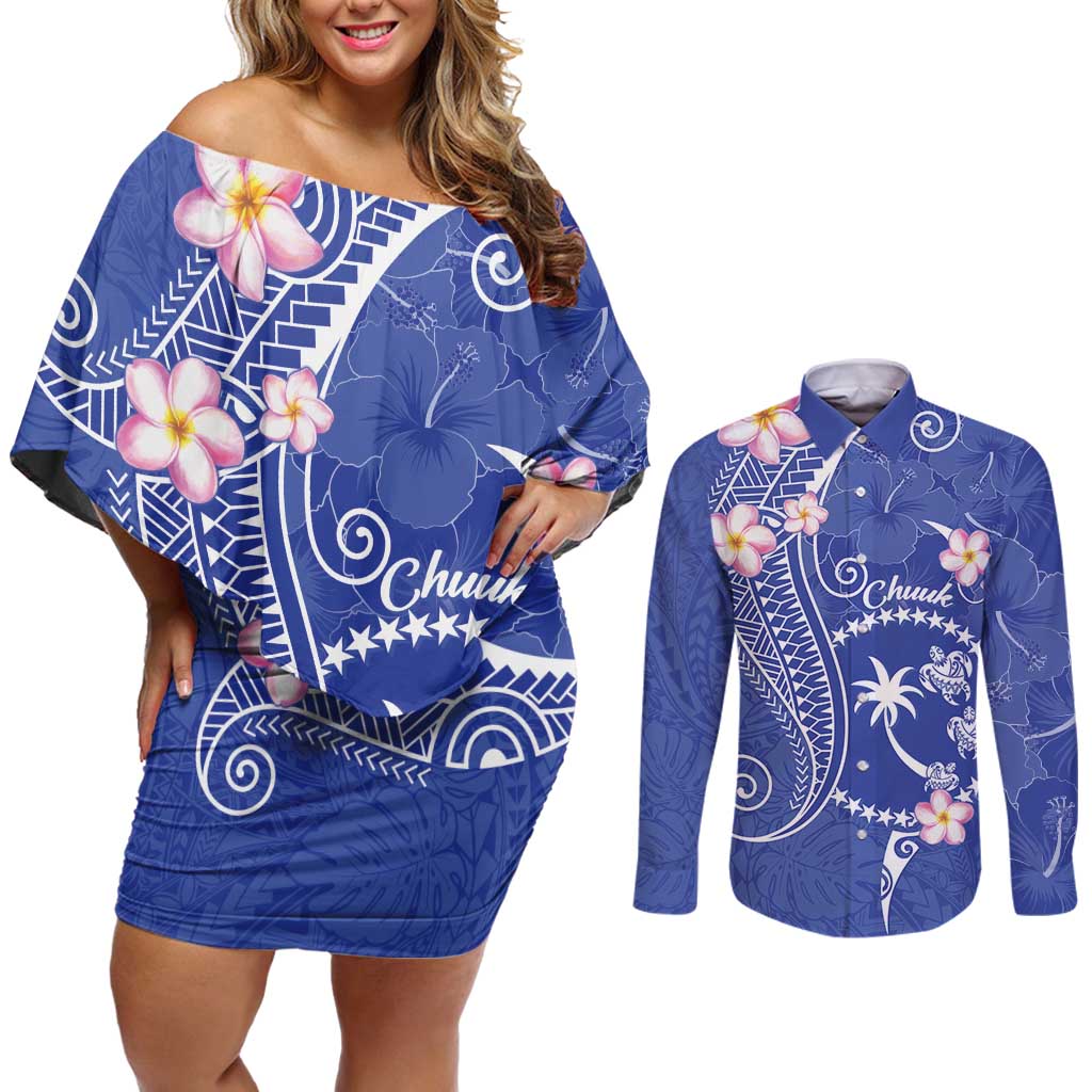 FSM Chuuk Constitution Day Couples Matching Off Shoulder Short Dress and Long Sleeve Button Shirt Frangipani Flowers Polynesian Curves Style LT14 Blue - Polynesian Pride