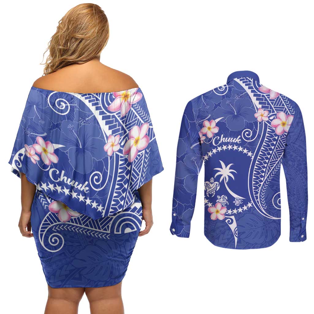 FSM Chuuk Constitution Day Couples Matching Off Shoulder Short Dress and Long Sleeve Button Shirt Frangipani Flowers Polynesian Curves Style LT14 - Polynesian Pride