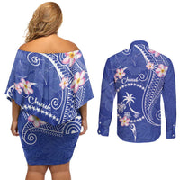 FSM Chuuk Constitution Day Couples Matching Off Shoulder Short Dress and Long Sleeve Button Shirt Frangipani Flowers Polynesian Curves Style LT14 - Polynesian Pride