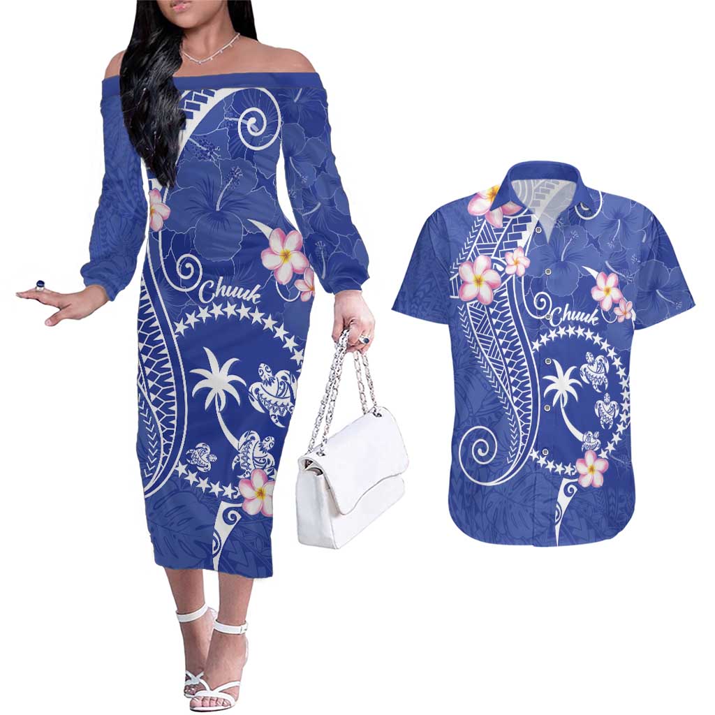 FSM Chuuk Constitution Day Couples Matching Off The Shoulder Long Sleeve Dress and Hawaiian Shirt Frangipani Flowers Polynesian Curves Style LT14 Blue - Polynesian Pride