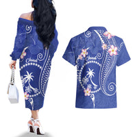 FSM Chuuk Constitution Day Couples Matching Off The Shoulder Long Sleeve Dress and Hawaiian Shirt Frangipani Flowers Polynesian Curves Style LT14 - Polynesian Pride