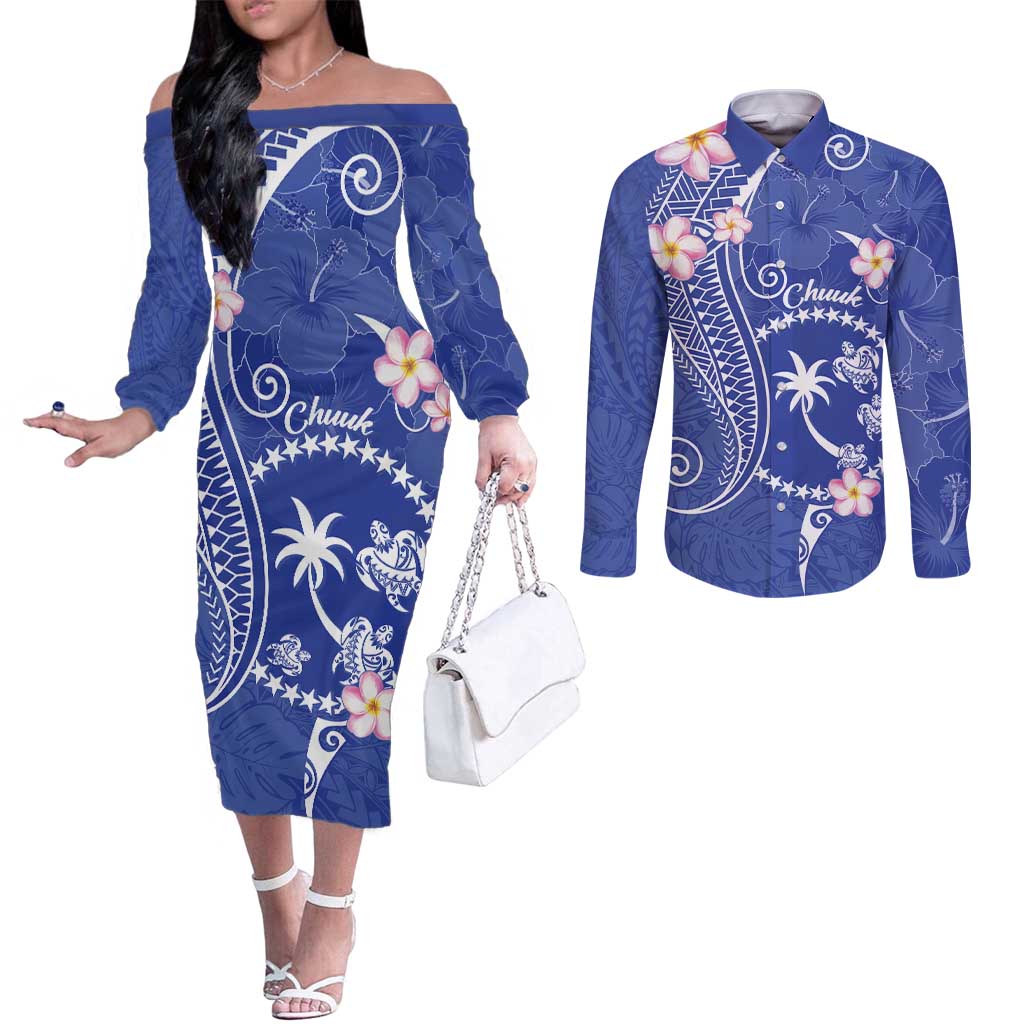 FSM Chuuk Constitution Day Couples Matching Off The Shoulder Long Sleeve Dress and Long Sleeve Button Shirt Frangipani Flowers Polynesian Curves Style LT14 Blue - Polynesian Pride