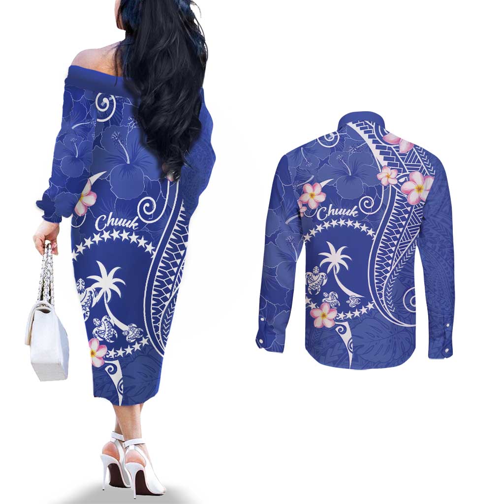 FSM Chuuk Constitution Day Couples Matching Off The Shoulder Long Sleeve Dress and Long Sleeve Button Shirt Frangipani Flowers Polynesian Curves Style LT14 - Polynesian Pride