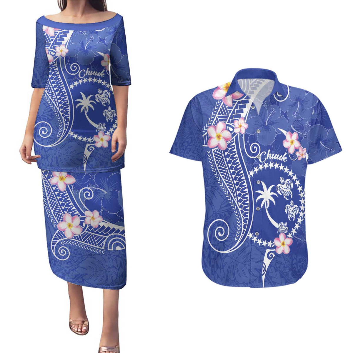 FSM Chuuk Constitution Day Couples Matching Puletasi and Hawaiian Shirt Frangipani Flowers Polynesian Curves Style LT14 Blue - Polynesian Pride