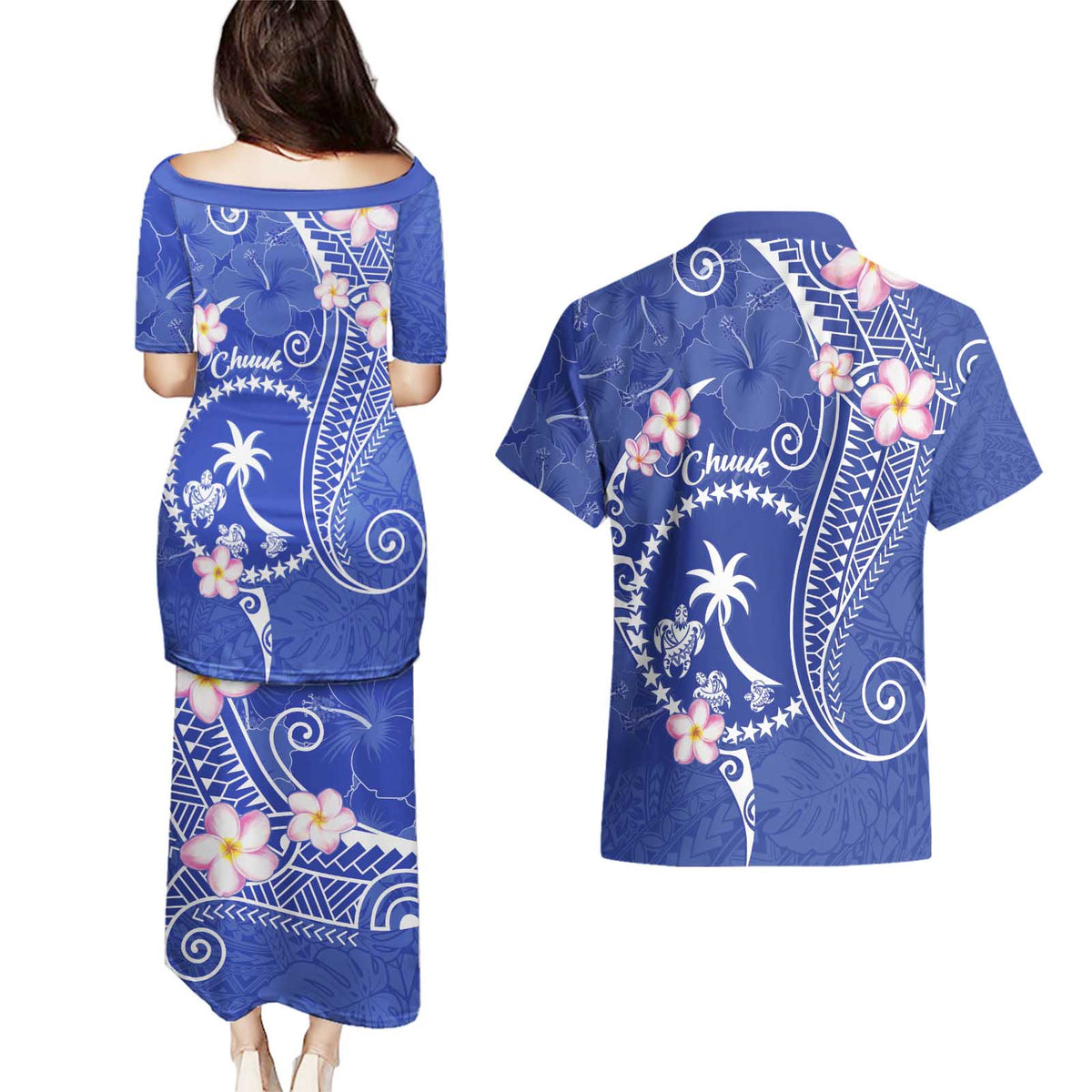 FSM Chuuk Constitution Day Couples Matching Puletasi and Hawaiian Shirt Frangipani Flowers Polynesian Curves Style LT14 - Polynesian Pride