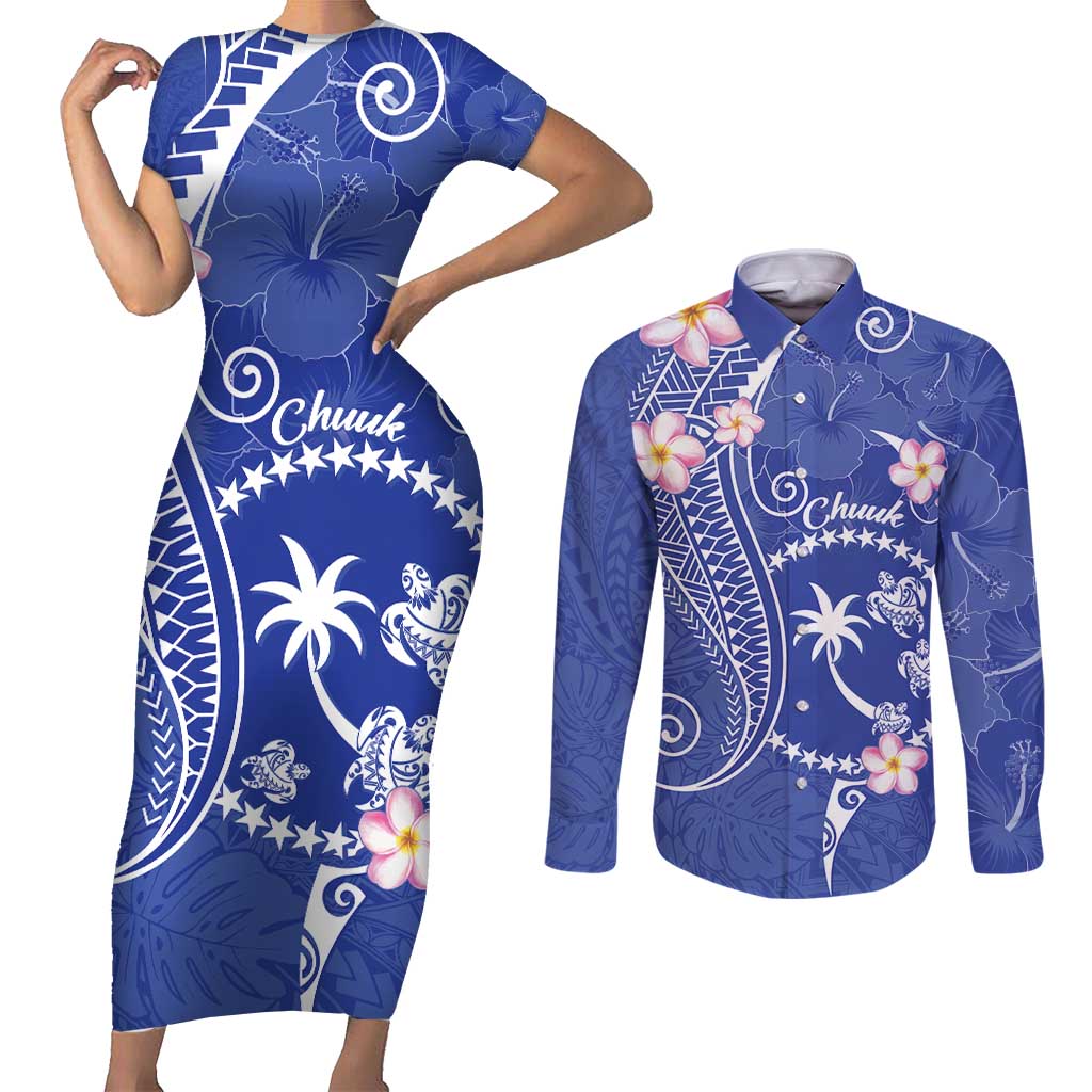 FSM Chuuk Constitution Day Couples Matching Short Sleeve Bodycon Dress and Long Sleeve Button Shirt Frangipani Flowers Polynesian Curves Style LT14 Blue - Polynesian Pride