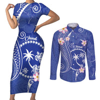 FSM Chuuk Constitution Day Couples Matching Short Sleeve Bodycon Dress and Long Sleeve Button Shirt Frangipani Flowers Polynesian Curves Style LT14 Blue - Polynesian Pride