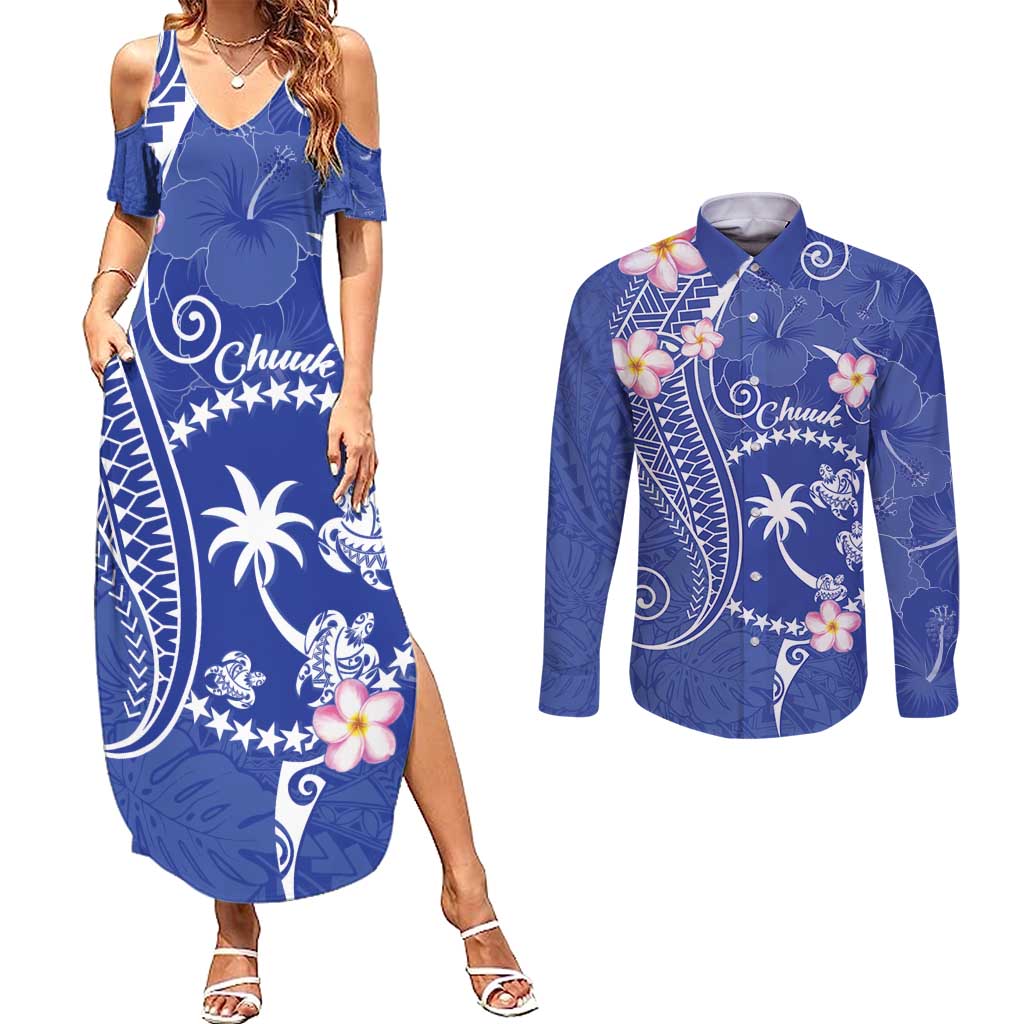 FSM Chuuk Constitution Day Couples Matching Summer Maxi Dress and Long Sleeve Button Shirt Frangipani Flowers Polynesian Curves Style LT14 Blue - Polynesian Pride
