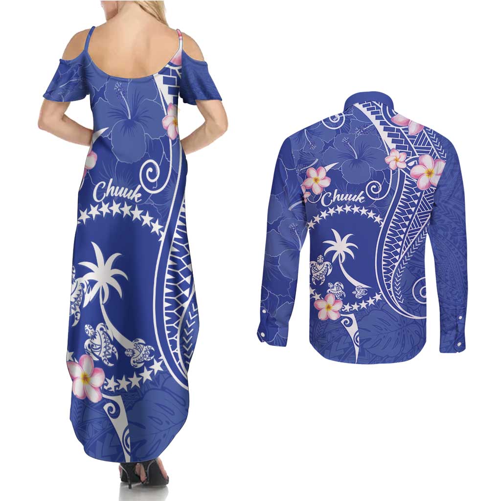 FSM Chuuk Constitution Day Couples Matching Summer Maxi Dress and Long Sleeve Button Shirt Frangipani Flowers Polynesian Curves Style LT14 - Polynesian Pride